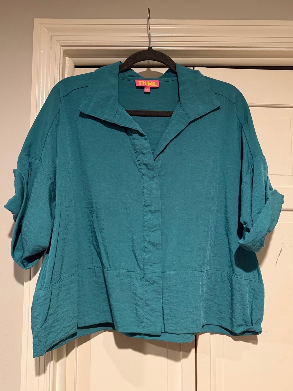 THML Teal Blue Green Button Down Folded Short Sleeve Top Blouse